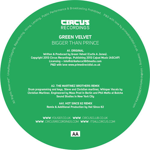 Green Velvet - Bigger Than Prince (Incl. Martinez Brothers & Hot Since 82 Remixes) [Circus Recordings]